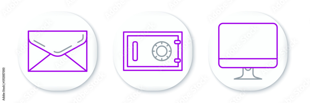 Poster set line computer monitor screen, envelope and safe icon. vector