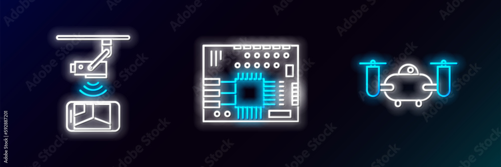 Poster set line drone flying with action camera, wireless controlling cctv security and printed circuit boa