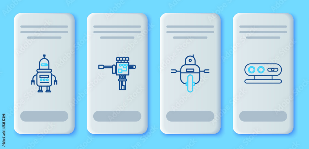 Poster set line mechanical robot hand and screwdriver, robot, and 3d scanning system icon. vector