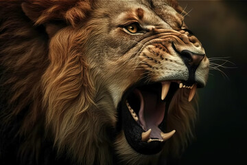 Roaring lion, close-up aggressive angry predator, animal illustration. Generative AI