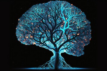 Energetic thinking. Glowing brain network in the form of a tree. The concept of consciousness, artificial intelligence. Ai generation.