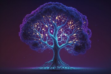 Energetic thinking. Glowing brain network in the form of a tree. The concept of consciousness, artificial intelligence. Ai generation.