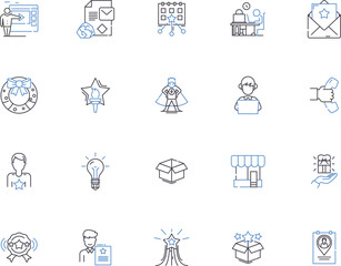 Advertising outline icons collection. Promotion, Branding, Publicity, Media, Placement, Campaign, Reach vector and illustration concept set. Audience, Visibility, Exposure linear signs