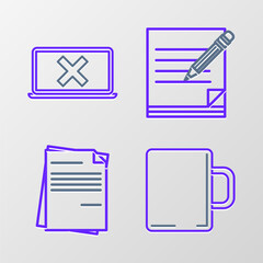 Set line Coffee cup, File document, Blank notebook and pencil with eraser and Laptop cross mark on screen icon. Vector