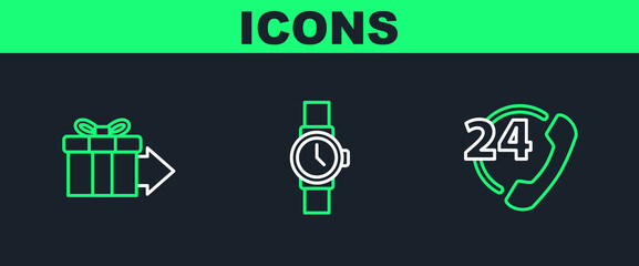 Set line Telephone 24 hours support, Gift box and Wrist watch icon. Vector