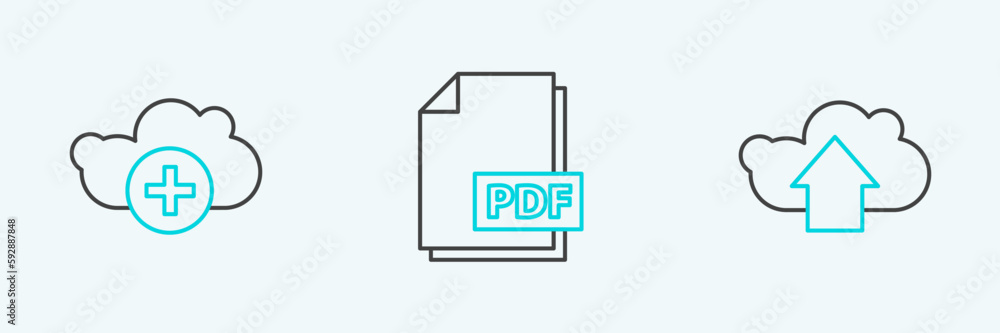 Poster set line cloud upload, add cloud and pdf file document icon. vector