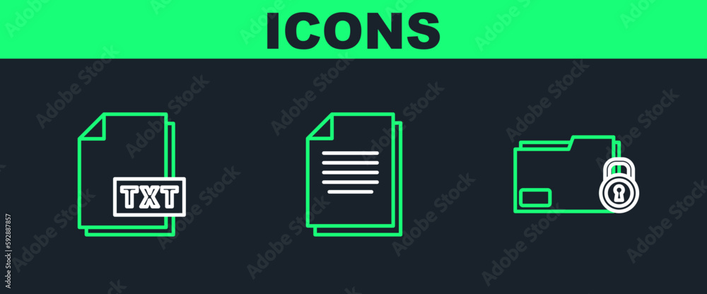Poster set line folder and lock, txt file document and document icon. vector