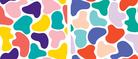Set of two colorful seamless pattern. Trendy abstract art background with funny shapes. Wallpaper in doodle style