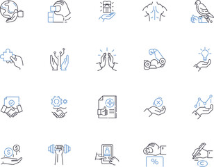 Hand gesture outline icons collection. gesticulating, waving, pointing, beckoning, signaling, clapping, shaking vector and illustration concept set. saluting, clasping, jabbing linear signs