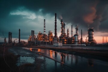 Obraz na płótnie Canvas petrochemical industry factory with smoking chimneys on background of evening sky. Generative AI