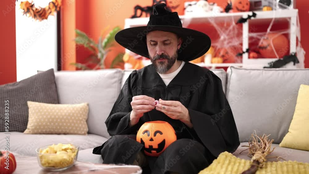 Sticker Young bald man wearing wizard costume holding sweet of pumpkin halloween basket at home