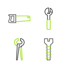 Set line Metallic screw, Pincers and pliers, Adjustable wrench and Hand saw icon. Vector