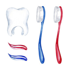 Watercolor illustration of toothpaste and brush isolated on white background. Dental care, dentist appointment