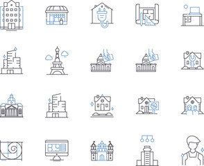 Fototapeta na wymiar Houses and accomodation outline icons collection. Home, Accommodation, Residence, Abode, Lodging, Domicile, Dwelling vector and illustration concept set. Villa, Cottage, Mansion linear signs