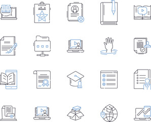 Book and science outline icons collection. Book, Science, Reading, Writing, Literature, History, Publishing vector and illustration concept set. Edition, Distribution, Printing linear signs