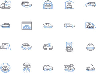 Cars outline icons collection. Vehicle, Automobile, Motor, Auto, Sedan, SUV, Truck vector and illustration concept set. Coupe, Van, Crossover linear signs