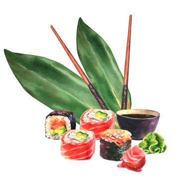 Sushi rolls with nory leaf, wasabi, ginger, chopsticks and soy sauce. Watercolor illustration, Isolated on white background. Japanese food