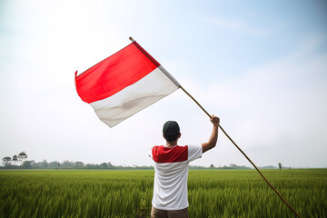 A man holding a red and white Indonesia flag on top of a lush green rice field. Created with Generative AI Technology