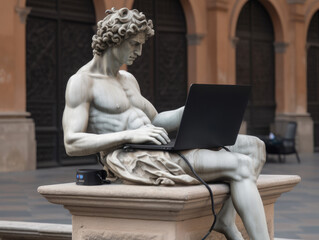 Classic statue using a laptop in the museum, Ai Generative.