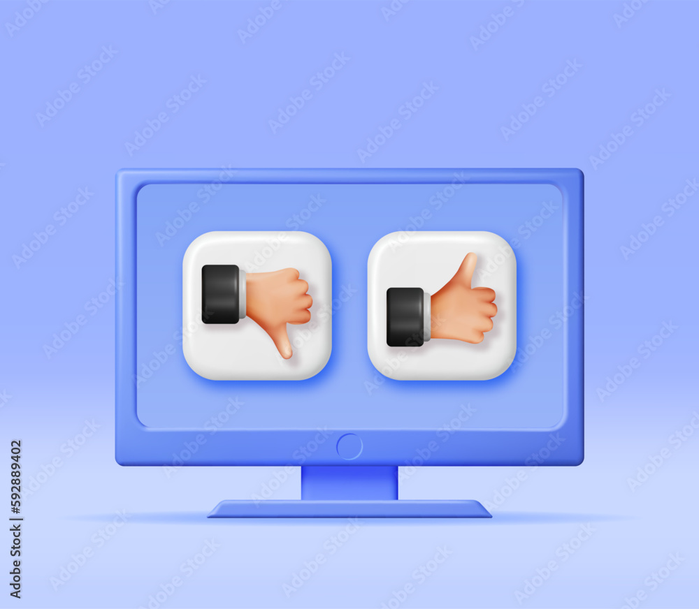 Poster 3d thumbs up and thumbs down hands gestures in computer isolated. render like and dislike hand symbo