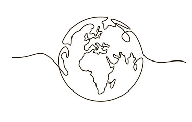 Globe. Earth globe one line drawing of world map minimalist vector illustration isolated on white background. Continuous line drawing. - obrazy, fototapety, plakaty