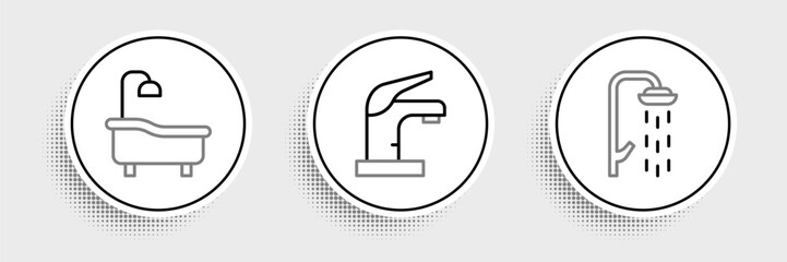 Set line Shower, Bathtub and Water tap icon. Vector