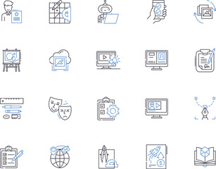 Portfolio outline icons collection. Portfolio, Investments, Assets, Equity, Funds, Stocks, Bonds vector and illustration concept set. Securities, Wealth, Profits linear signs