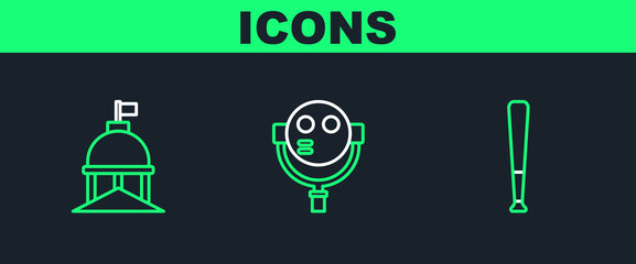 Set line Baseball bat, White House and Tourist binoculars icon. Vector