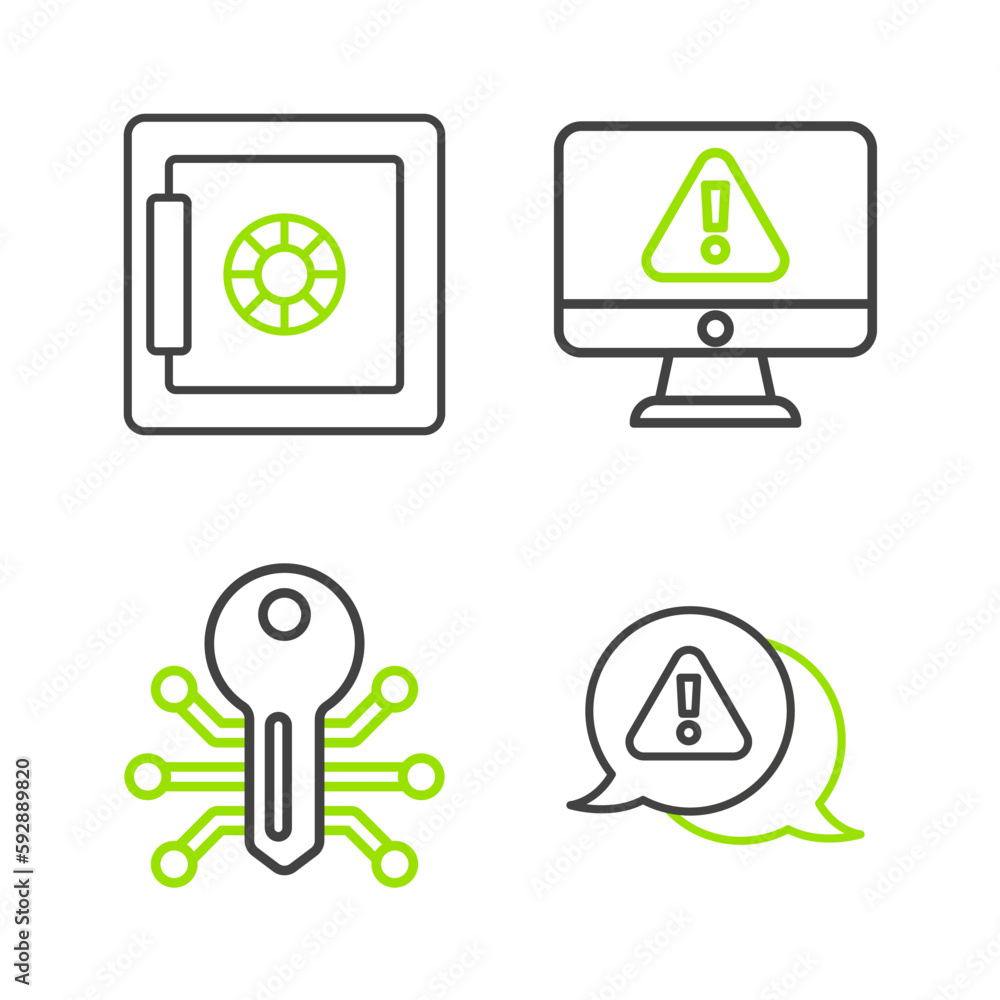Poster set line exclamation mark in triangle, smart key, monitor with exclamation and safe icon. vector