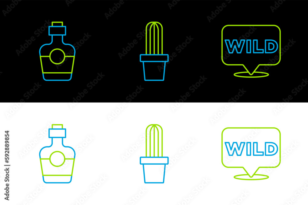 Poster set line pointer to wild west, tequila bottle and cactus peyote pot icon. vector
