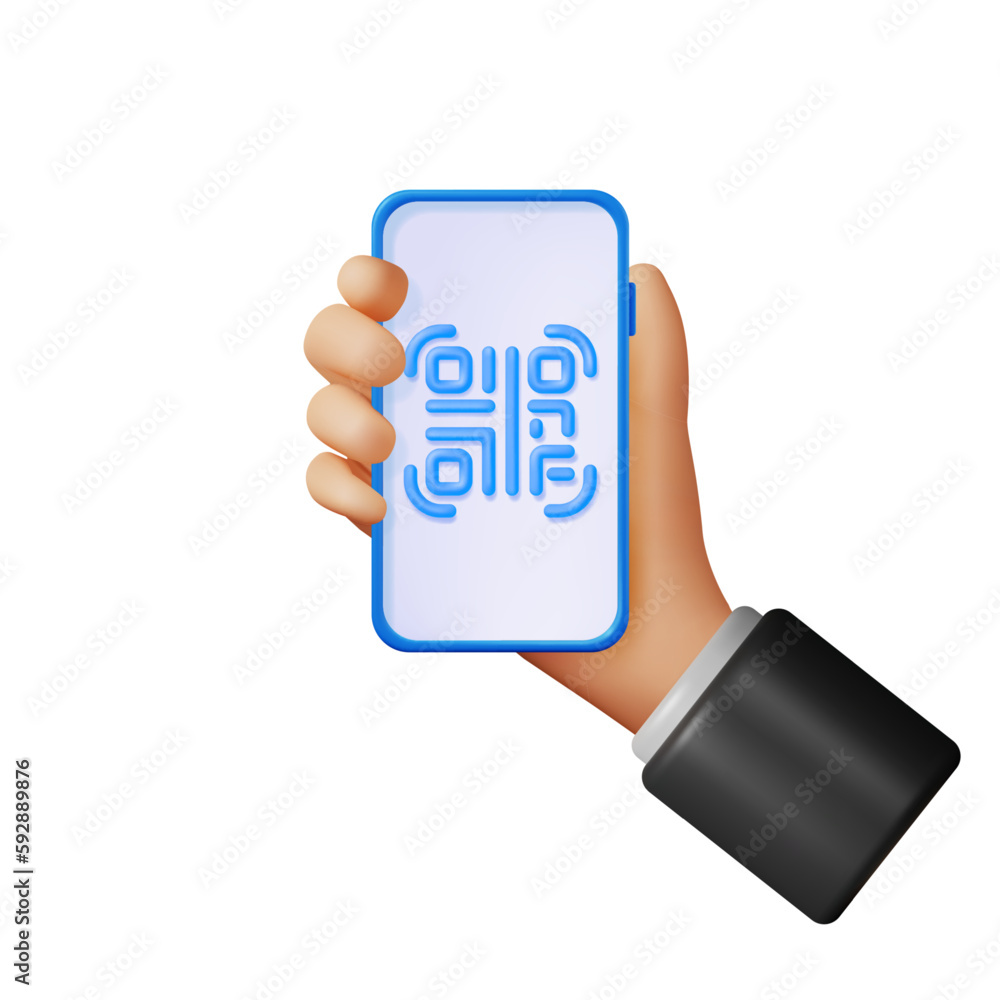 Poster 3d qr code icon on smartphone in hand. render modern qr code symbol. online shopping. advertisement,