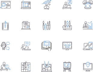 Workshop outline icons collection. Workshop, Training, Seminar, Education, Conference, Skill, Class vector and illustration concept set. Craft, Symposium, Tutoring linear signs