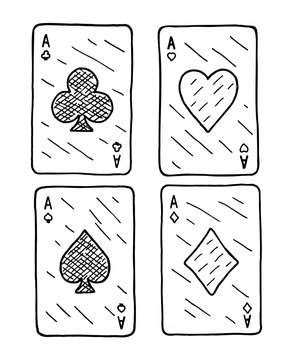 A winning poker hand of four aces playing cards suits on white. Black and white hand drawn scratch image. Engraving ink, line art vector illustration.