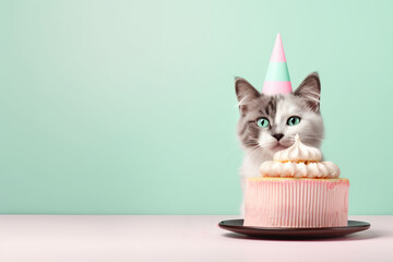 Cute fluffy cat in a festive hat with a colorful birthday cake on a green background. Generative AI