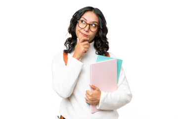 Young Argentinian student woman over isolated background having doubts and thinking