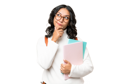 Young Argentinian student woman over isolated background having doubts and thinking