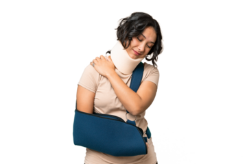 Young argentinian woman wearing neck brace and sling over isolated background suffering from pain in shoulder for having made an effort