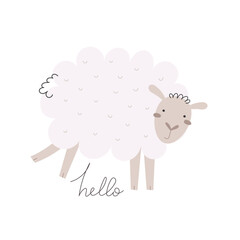 hello. Cartoon sheep hand drawing lettering. flat style, colorful vector for kids. baby design for cards, poster decoration, t-shirt print