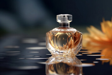 Bottle of perfume on the water with reflection. Generative AI.