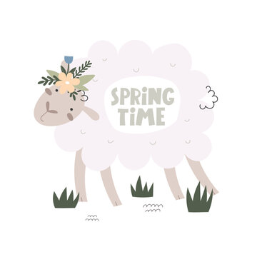 spring time. Cartoon sheep, flowers, hand drawing lettering. colorful spring vector illustration, flat style. design for print, greeting card, poster decoration, cover