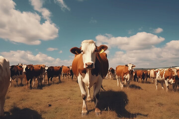 Herd of cows on a farm. Generative AI.