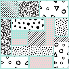 Geometric card illustration. Banner postcard art design. Patchwork of pieces of texture. Creative design combination of geometry with hand-drawn prints.