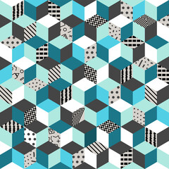 Memphis seamless pattern 80s-90s-vector illustration. Colorful geometric seamless pattern of cubes with different geometrical patterns. Bright colored cubes.