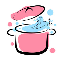 Pink pot with hot water on a white background. Splashes of water in a pot. Cooking