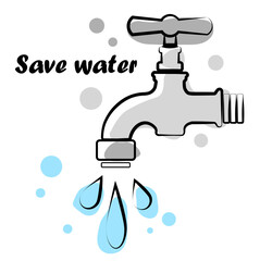 Faucet with blue water on a white background. Save water. Watercolor illustration in doodle style.