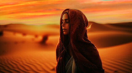 Arabian woman walk in the desert sand dunes at sunset - Wanderlust and summer vacation concept. Copy space. Generative AI. 2