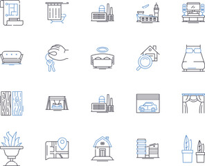 Apartments and accomodation outline icons collection. Accommodation, Apartments, Rentals, Bedsitters, Leases, Suites, Flats vector and illustration concept set. Lodgings, Habitations, Pads linear