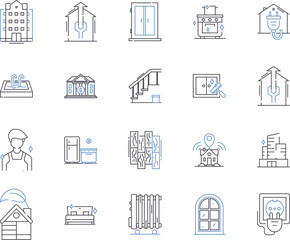 Home repair services outline icons collection. Home repair, Services, Maintenance, Construction, Plumbing, Remodeling, Electrical vector and illustration concept set. Repairing, Painting, Carpentry