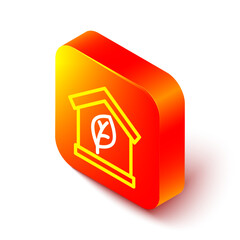 Isometric line Eco friendly house icon isolated on white background. Eco house with leaf. Orange square button. Vector