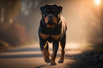 healthy Rottweiler dog standing outdoors alert expression. Great pet or animal care concept. Generative AI